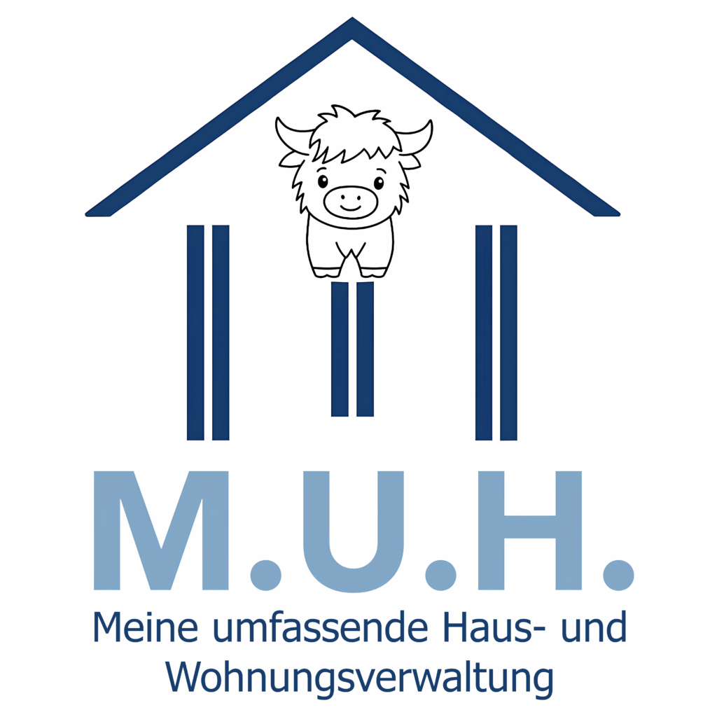 Logo mit gezeichneter Kuh im Umriss eines Hauses aus blauen Linien über dem Text: M.U.H. Meine umfassende Haus- und Wohnungsverwaltung.