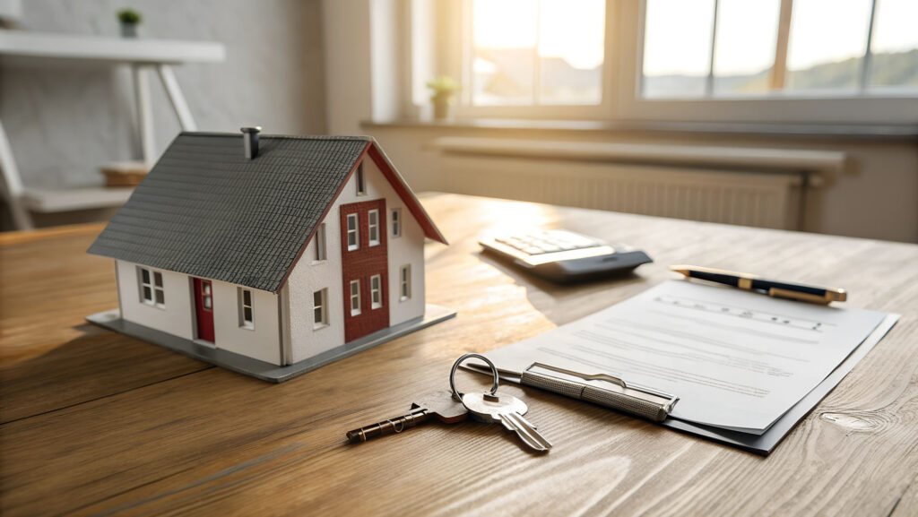 Foto von einem Modellhaus, Klemmbrett mit Dokumenten, Stift, Taschenrechner und Schlüsseln auf Holztisch in hellem Raum.