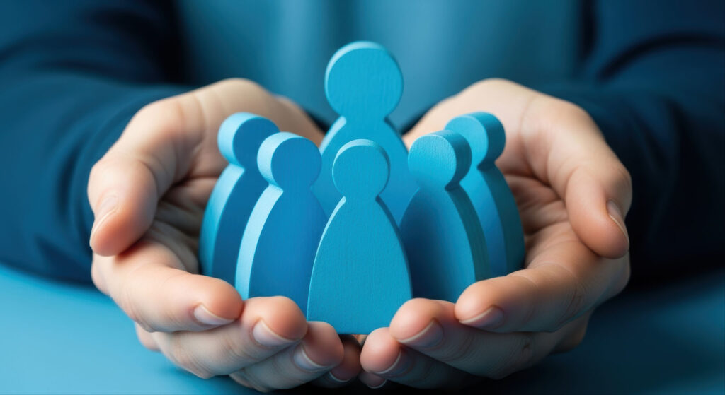 Foto von zwei Händen, die mehrere blaue Holzfiguren in Personenform schützend umfassen.